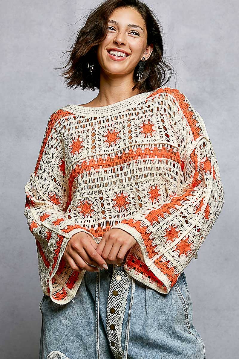 Boat Neck Long Sleeve Crochet Knit
