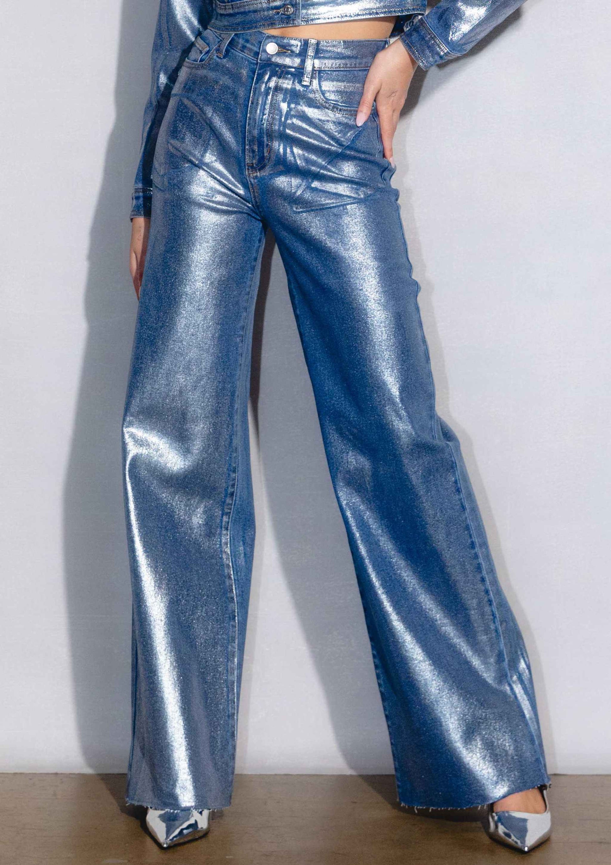 Silver Foil Printed Wide Leg Jeans