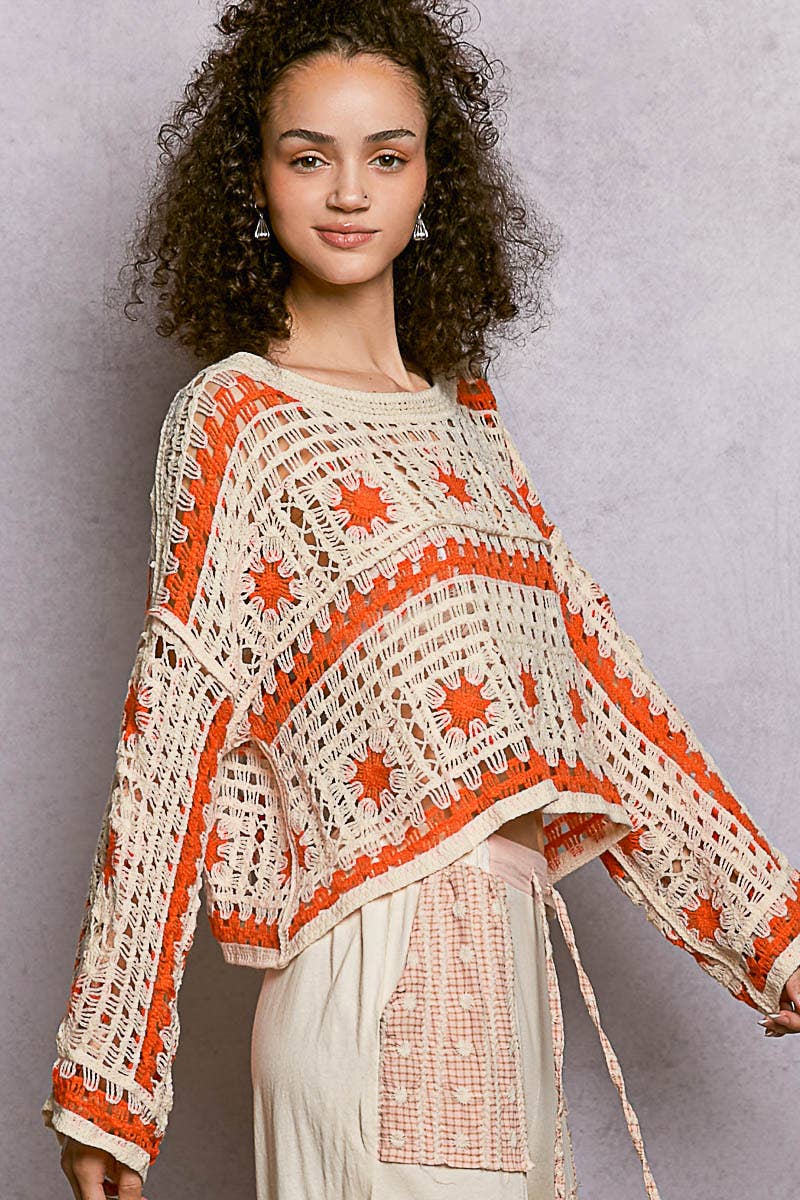 Boat Neck Long Sleeve Crochet Knit