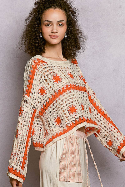 Boat Neck Long Sleeve Crochet Knit