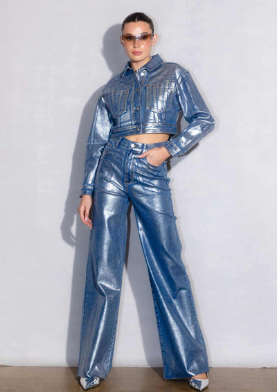 Silver Foil Printed Wide Leg Jeans