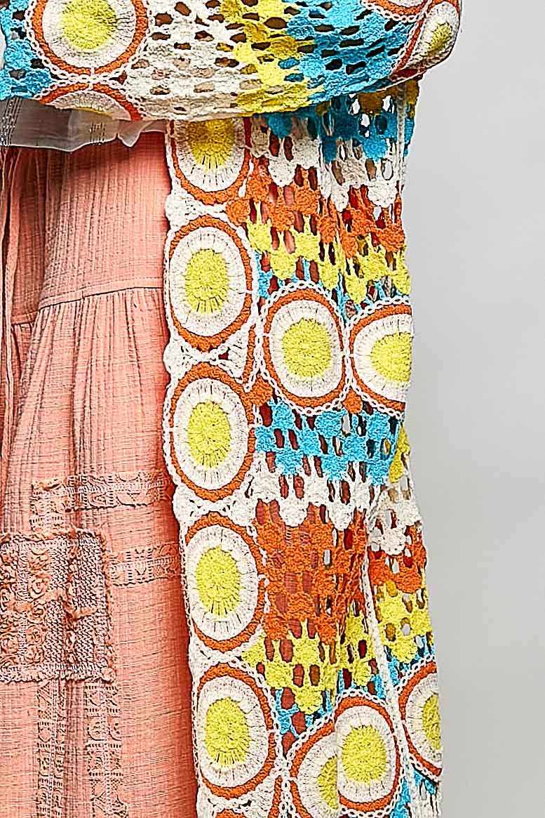 Crochet Stripe Open-Knit Scalloped Long Sleeve Cardigan