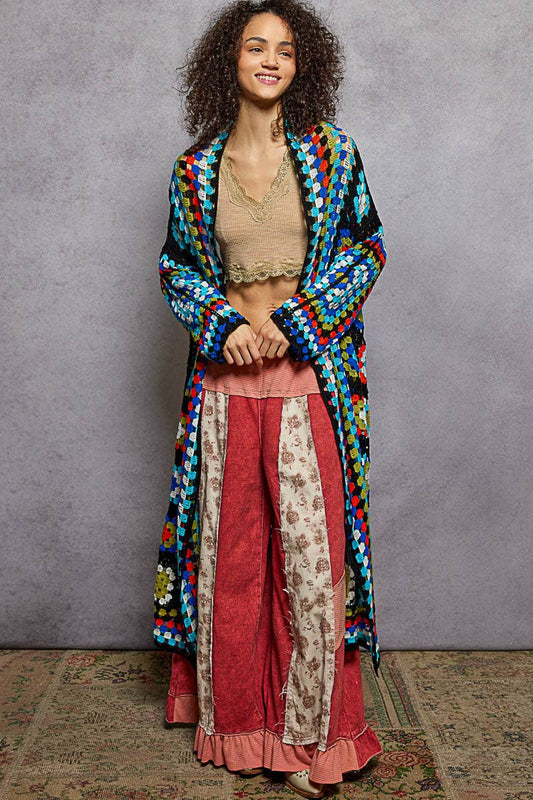 Playful Long Sleeve Multi Colored Crochet Cardigan
