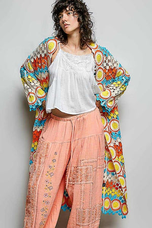 Crochet Stripe Open-Knit Scalloped Long Sleeve Cardigan