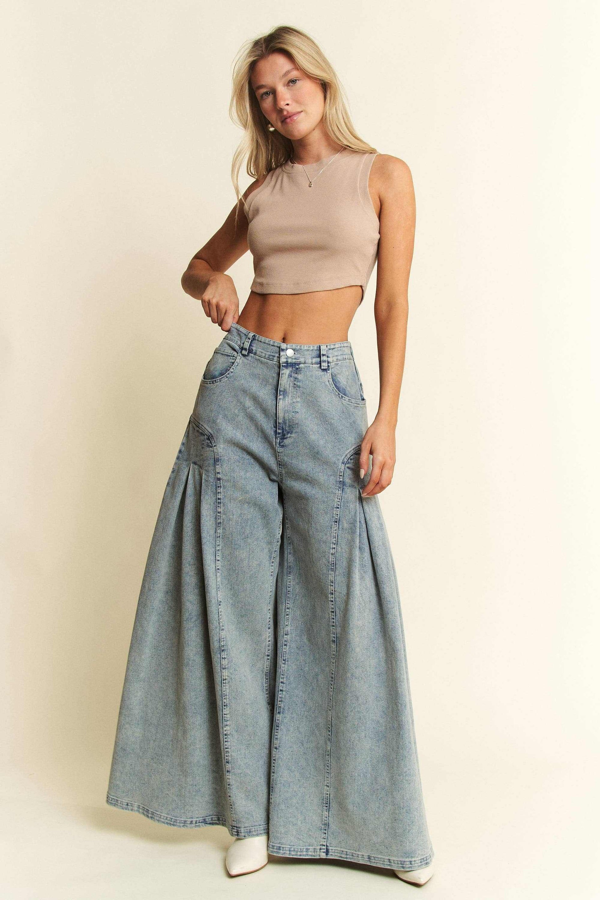 Curvy Size Denim Wide Leg Flared Front Pleat Pants