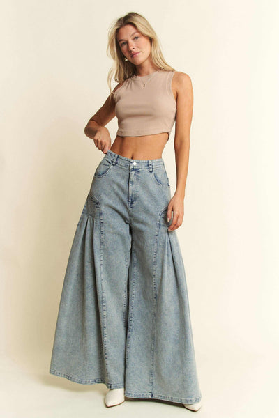 Curvy Size Denim Wide Leg Flared Front Pleat Pants