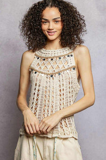 Halter Neck Sleeveless Dangle Trim Crochet Top