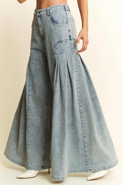 Curvy Size Denim Wide Leg Flared Front Pleat Pants