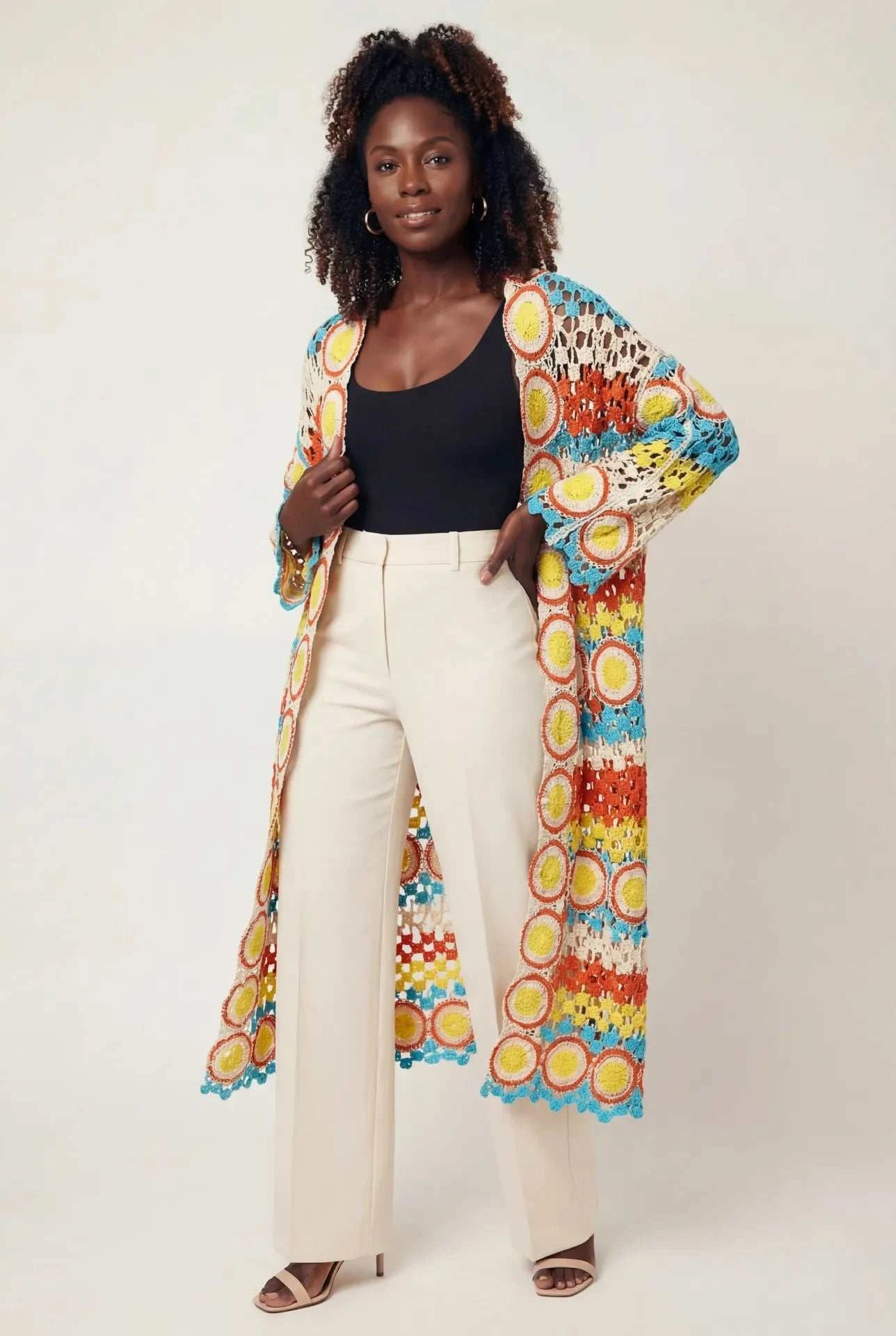 Crochet Stripe Open-Knit Scalloped Long Sleeve Cardigan