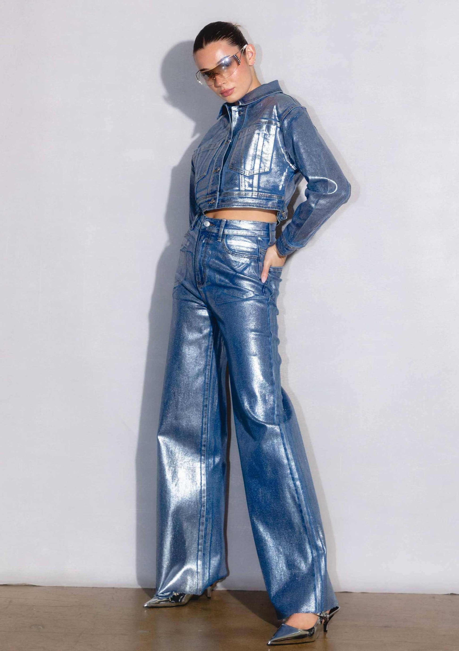 Silver Foil Printed Wide Leg Jeans