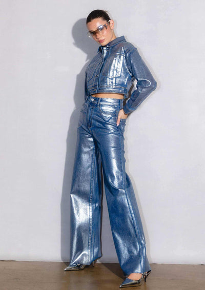 Silver Foil Printed Wide Leg Jeans