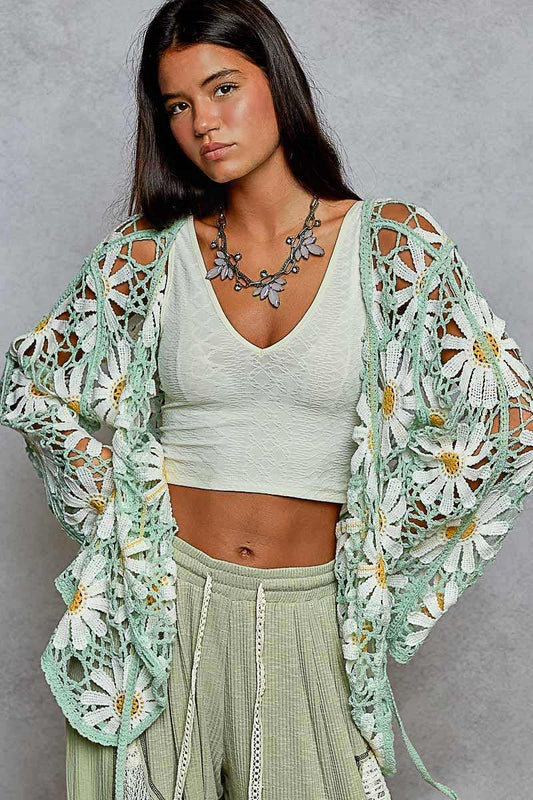Long Sleeve Floral V Neck Crochet Knit Cardigan