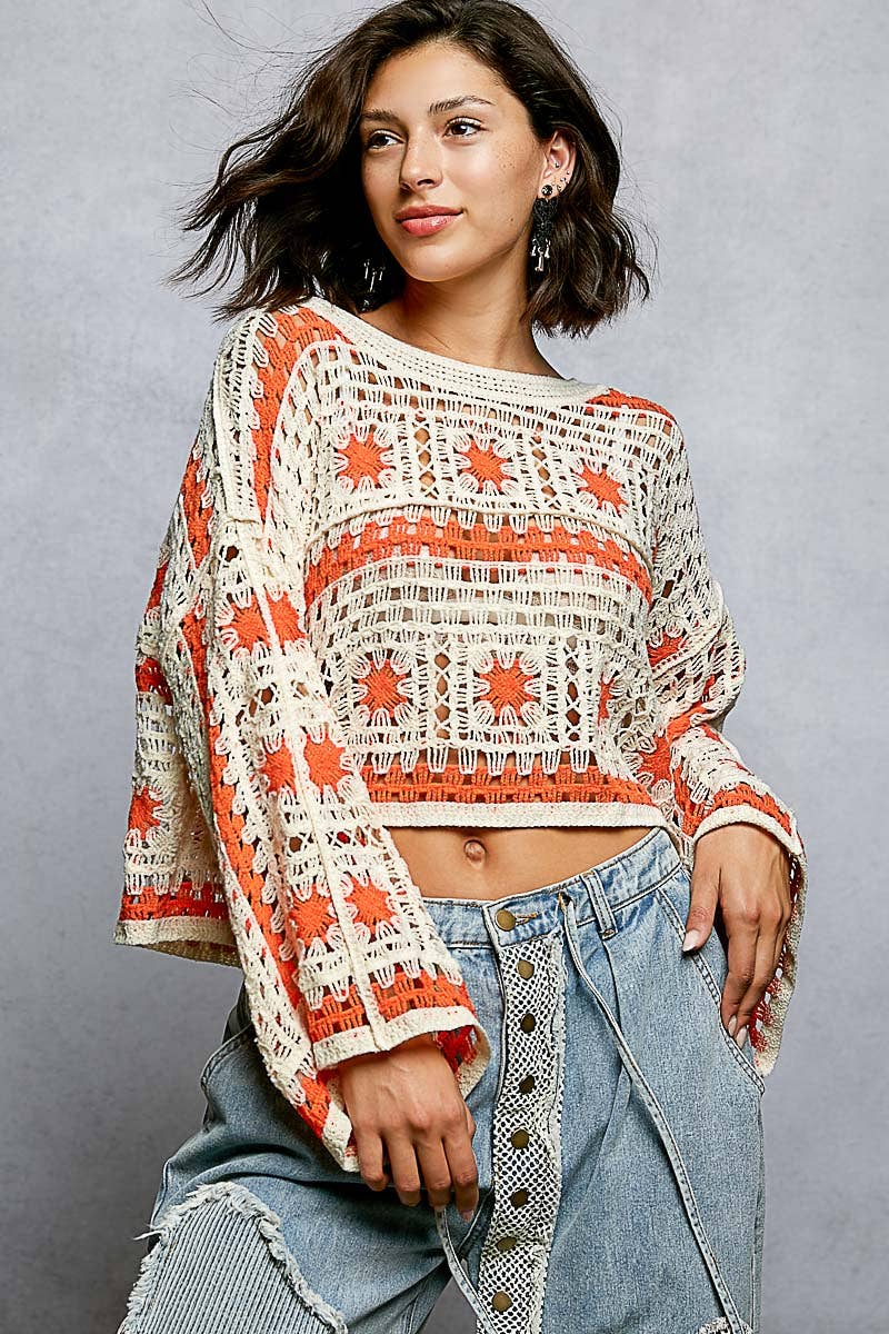 Boat Neck Long Sleeve Crochet Knit