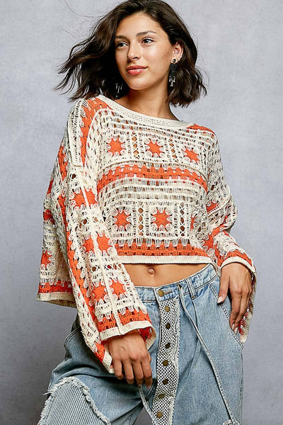 Boat Neck Long Sleeve Crochet Knit