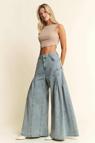 Curvy Size Denim Wide Leg Flared Front Pleat Pants