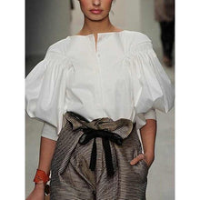 White Puff Sleeves Buttoned Solid Color Blouse