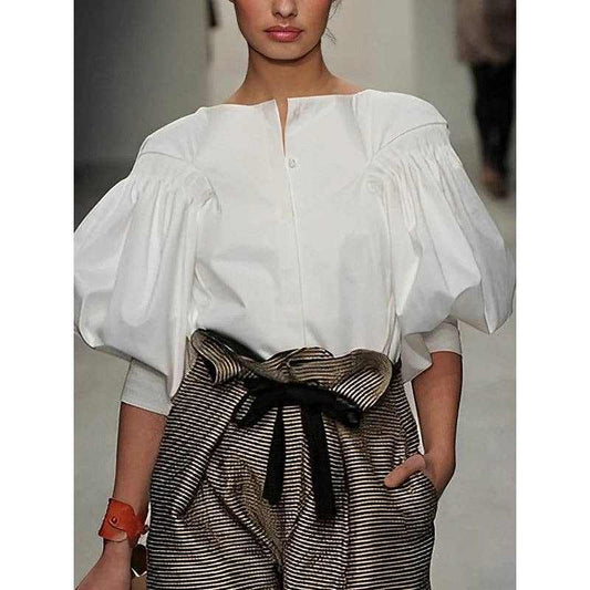 White Puff Sleeves Buttoned Solid Color Blouse