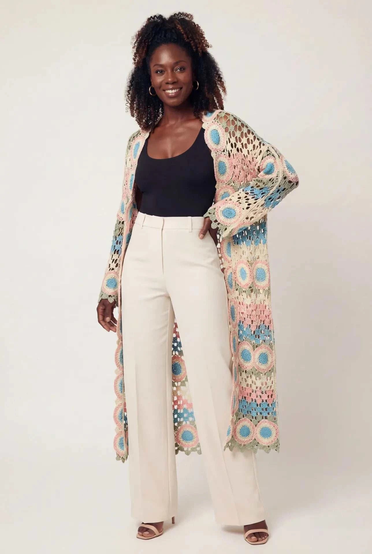 Crochet Stripe Open-Knit Scalloped Long Sleeve Cardigan