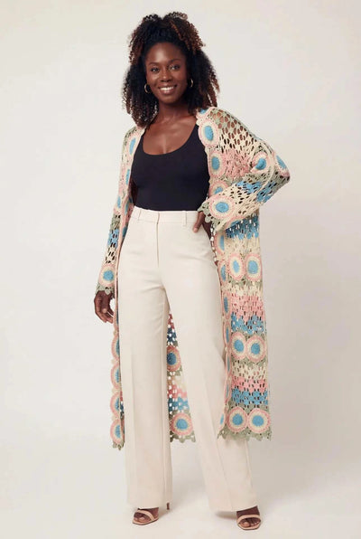 Crochet Stripe Open-Knit Scalloped Long Sleeve Cardigan
