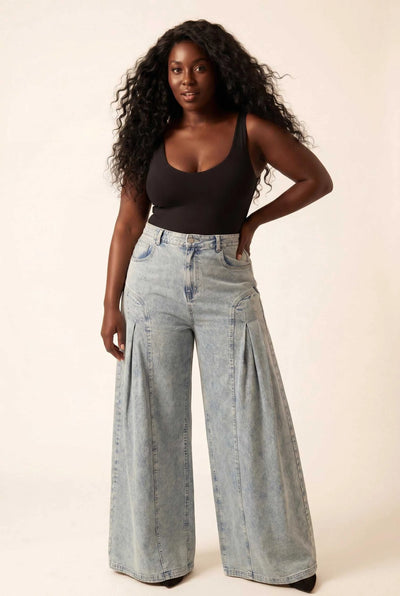 Curvy Size Denim Wide Leg Flared Front Pleat Pants