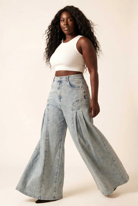 Curvy Size Denim Wide Leg Flared Front Pleat Pants