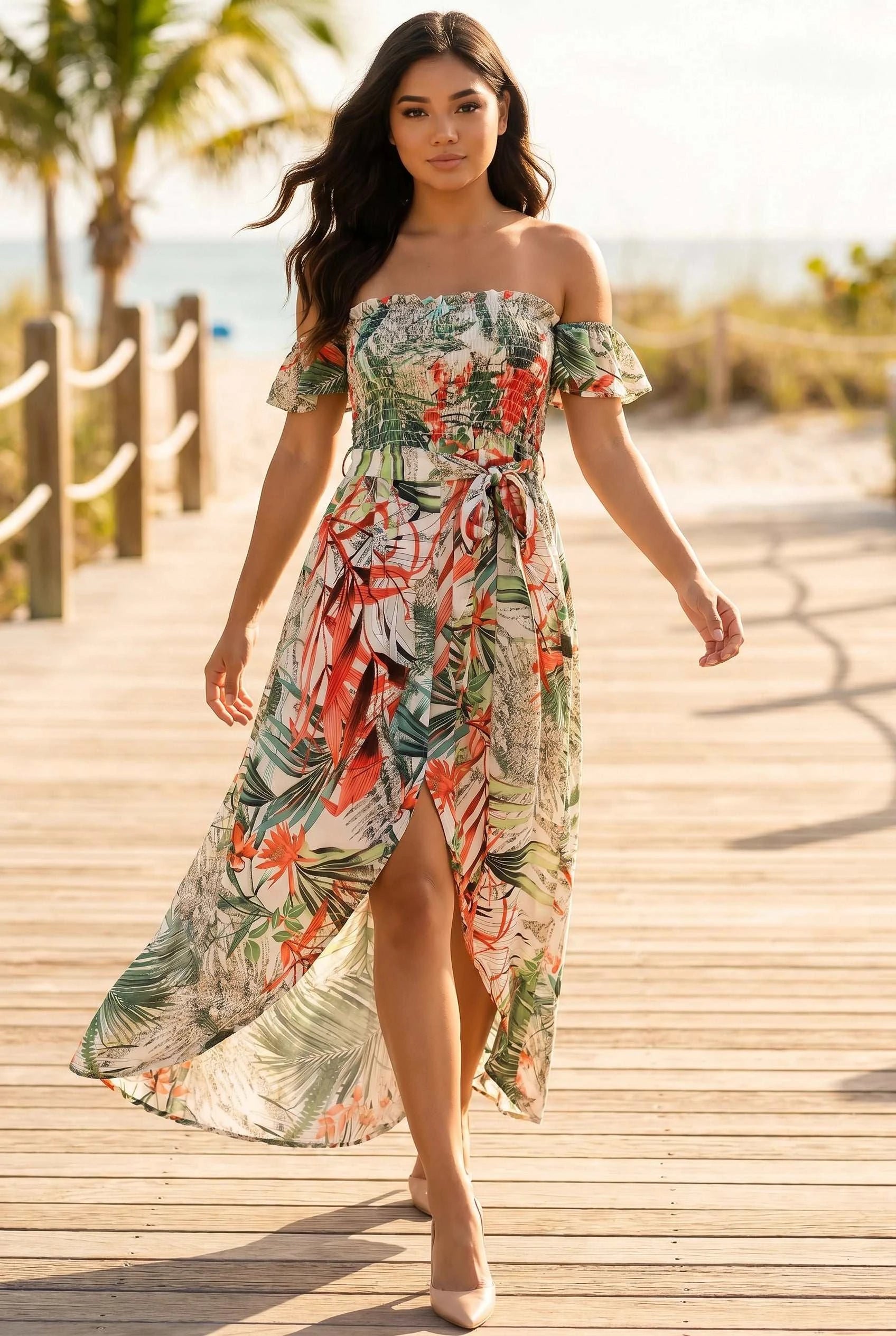 Green Floral Strapless Maxi Sundress