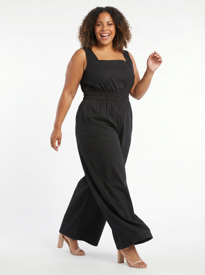 Black Popover Back Solid Jumpsuit