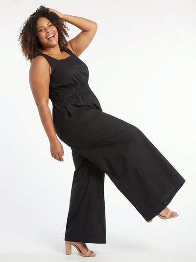Black Popover Back Solid Jumpsuit