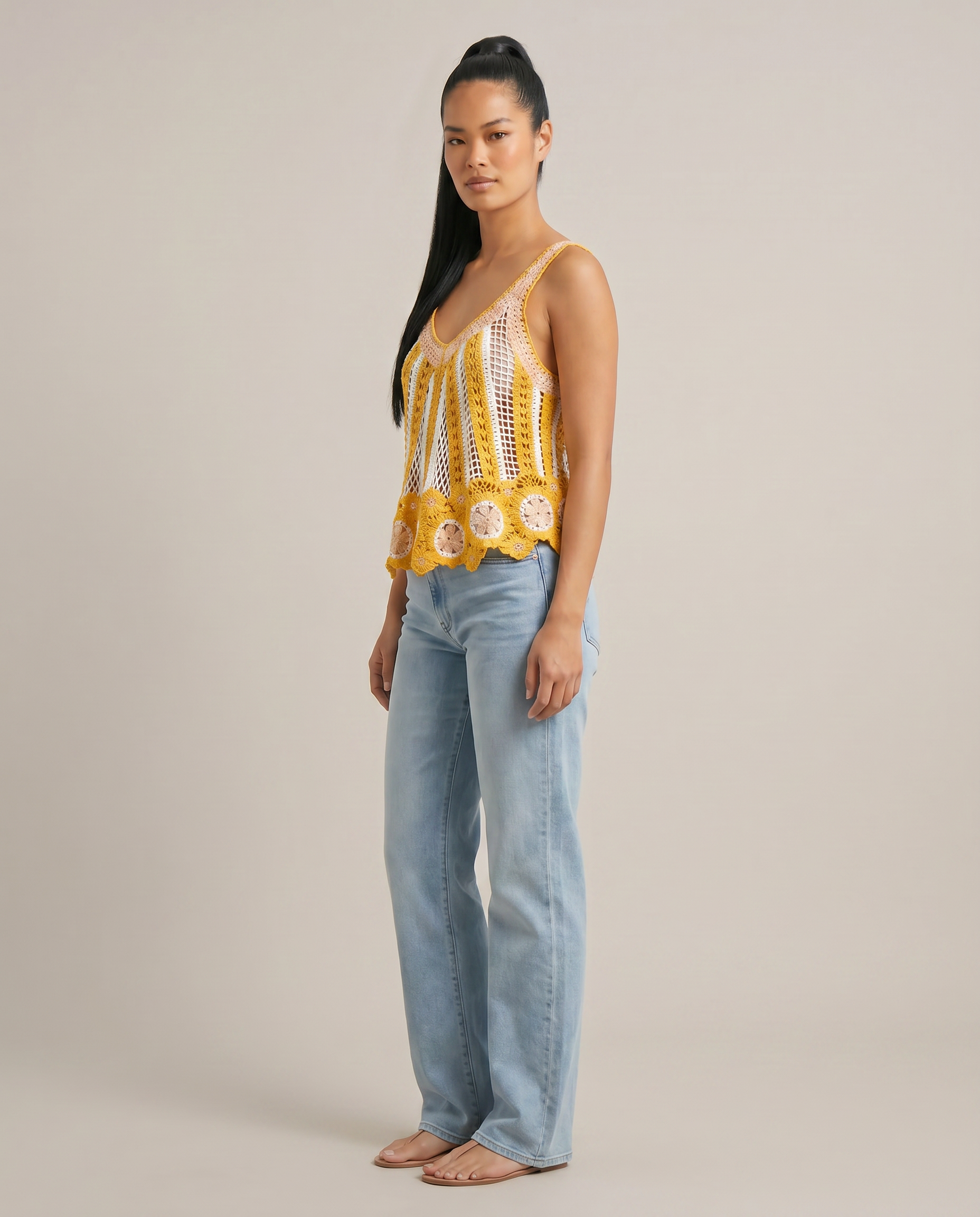 Sleeveless Scalloped Edge Stripe Crochet Top