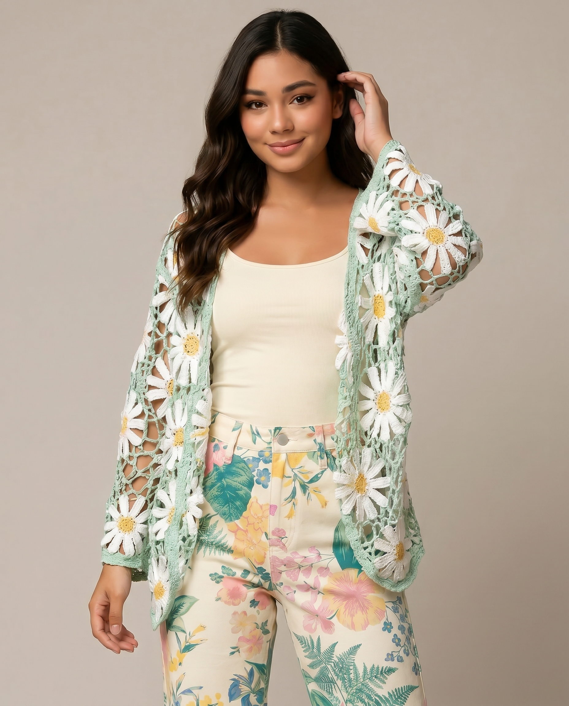 Long Sleeve Floral V Neck Crochet Knit Cardigan