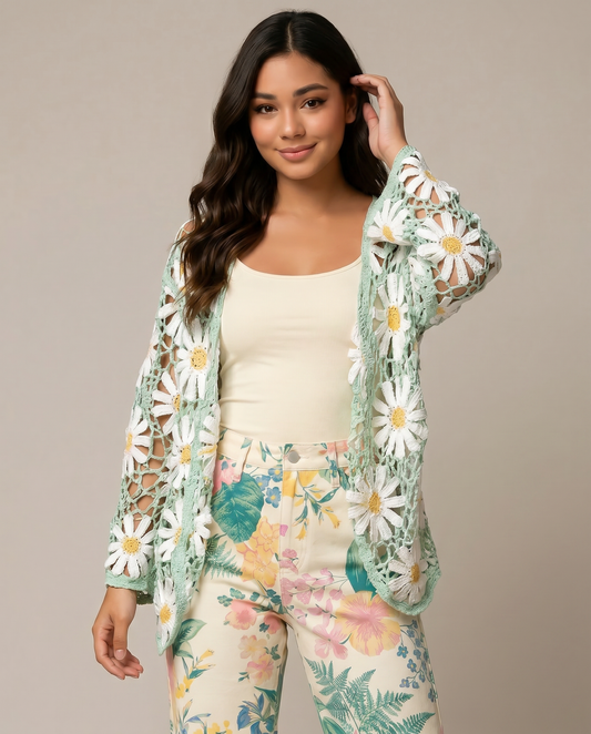 Long Sleeve Floral V Neck Crochet Knit Cardigan