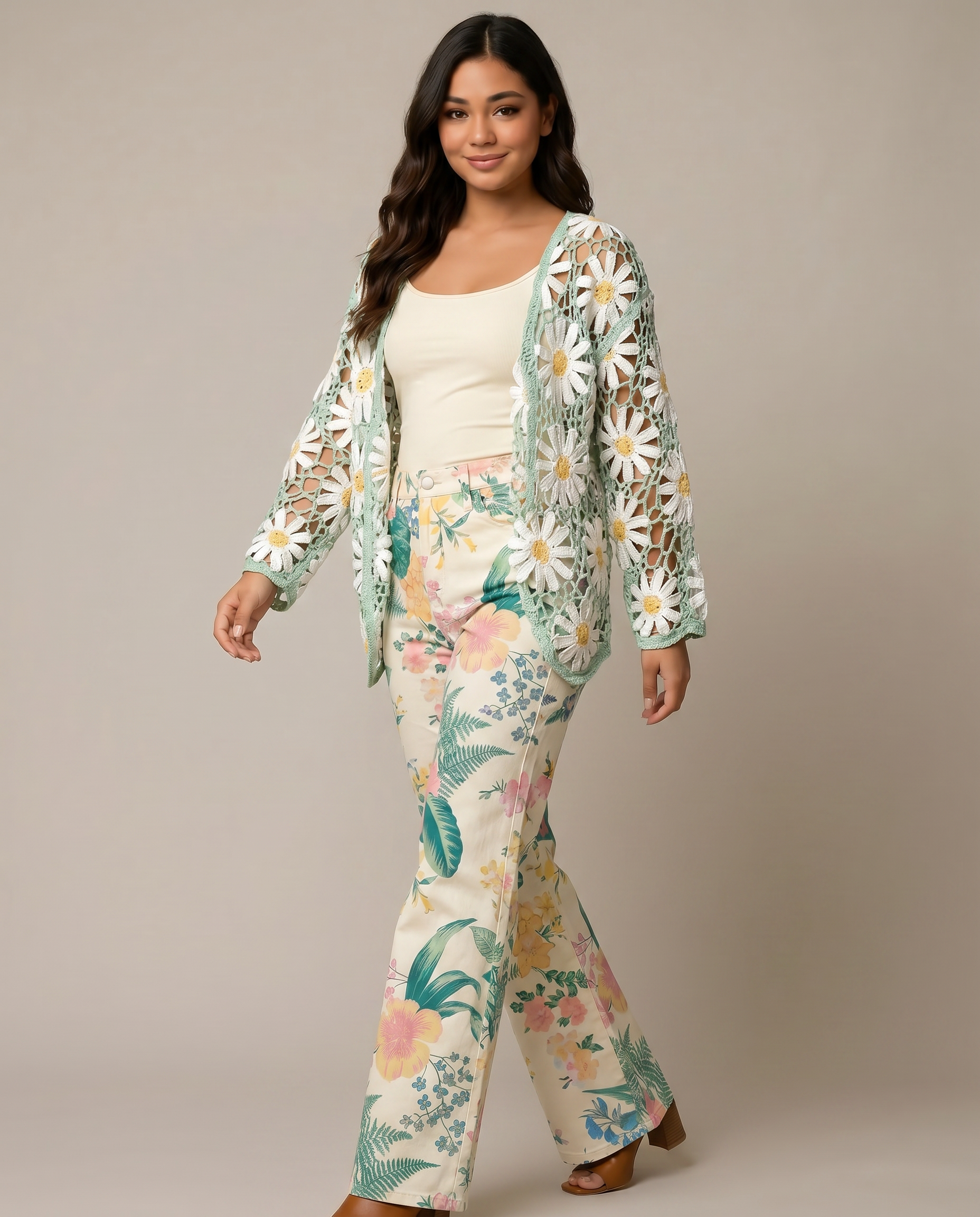 Long Sleeve Floral V Neck Crochet Knit Cardigan