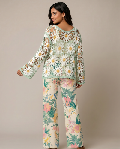 Long Sleeve Floral V Neck Crochet Knit Cardigan