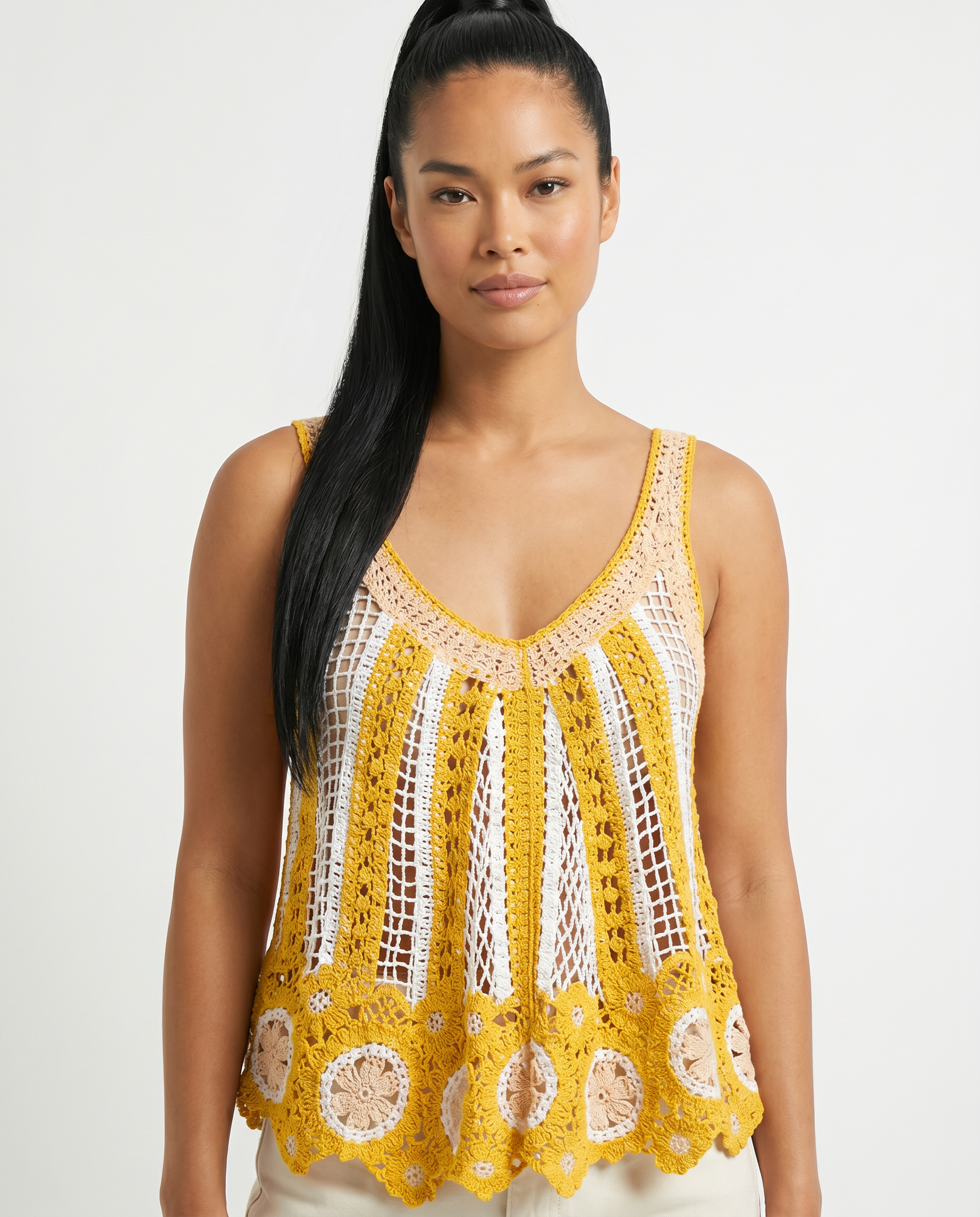 Sleeveless Scalloped Edge Stripe Crochet Top