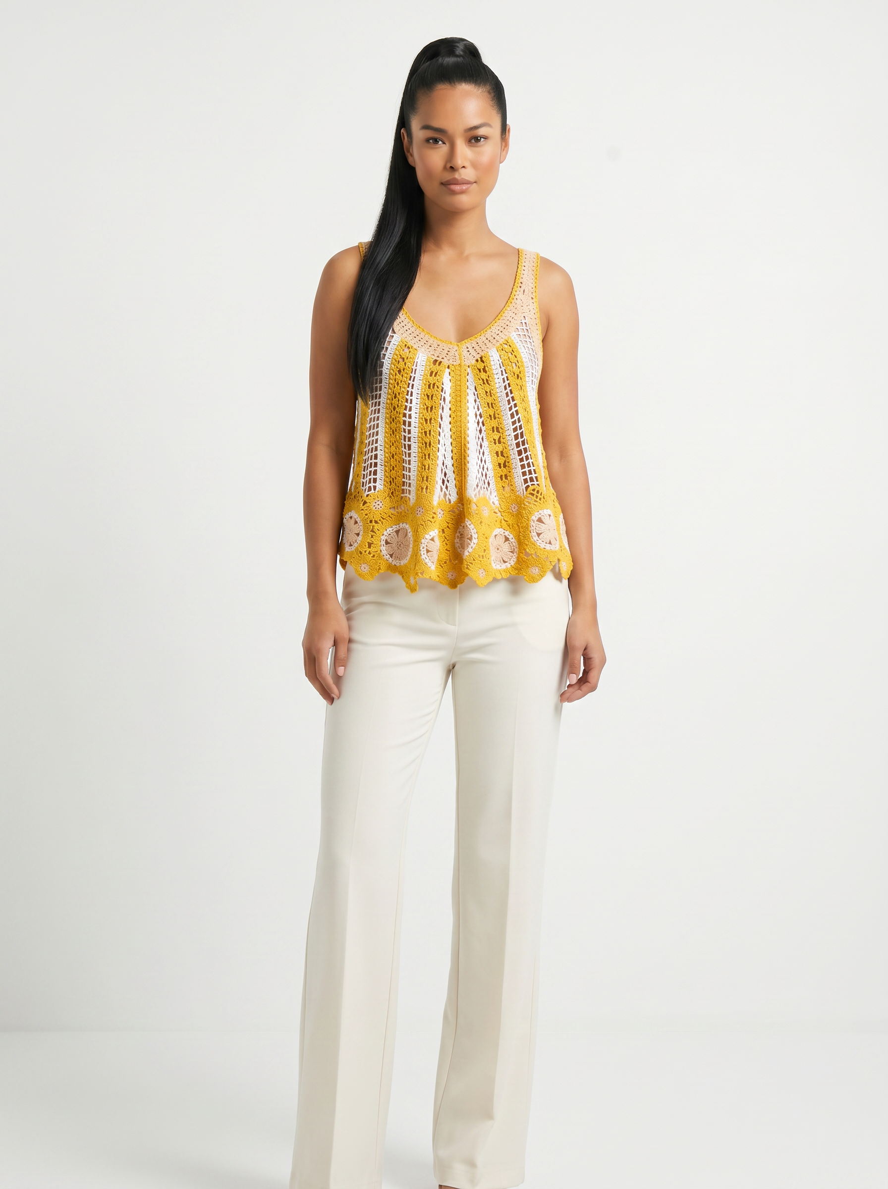 Sleeveless Scalloped Edge Stripe Crochet Top