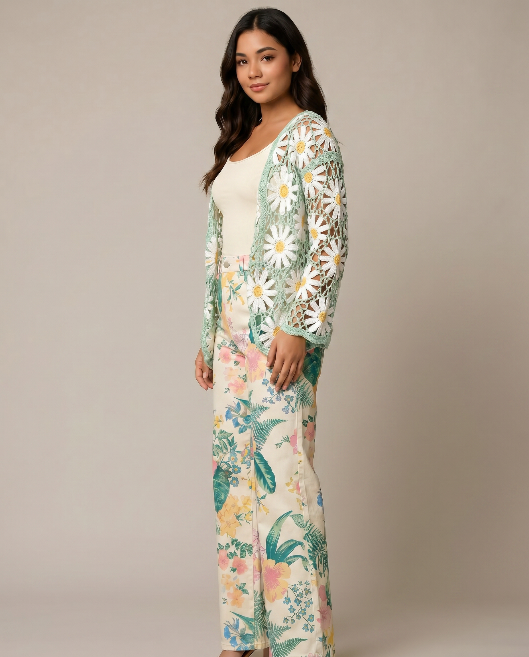 Long Sleeve Floral V Neck Crochet Knit Cardigan