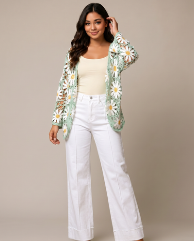 Long Sleeve Floral V Neck Crochet Knit Cardigan
