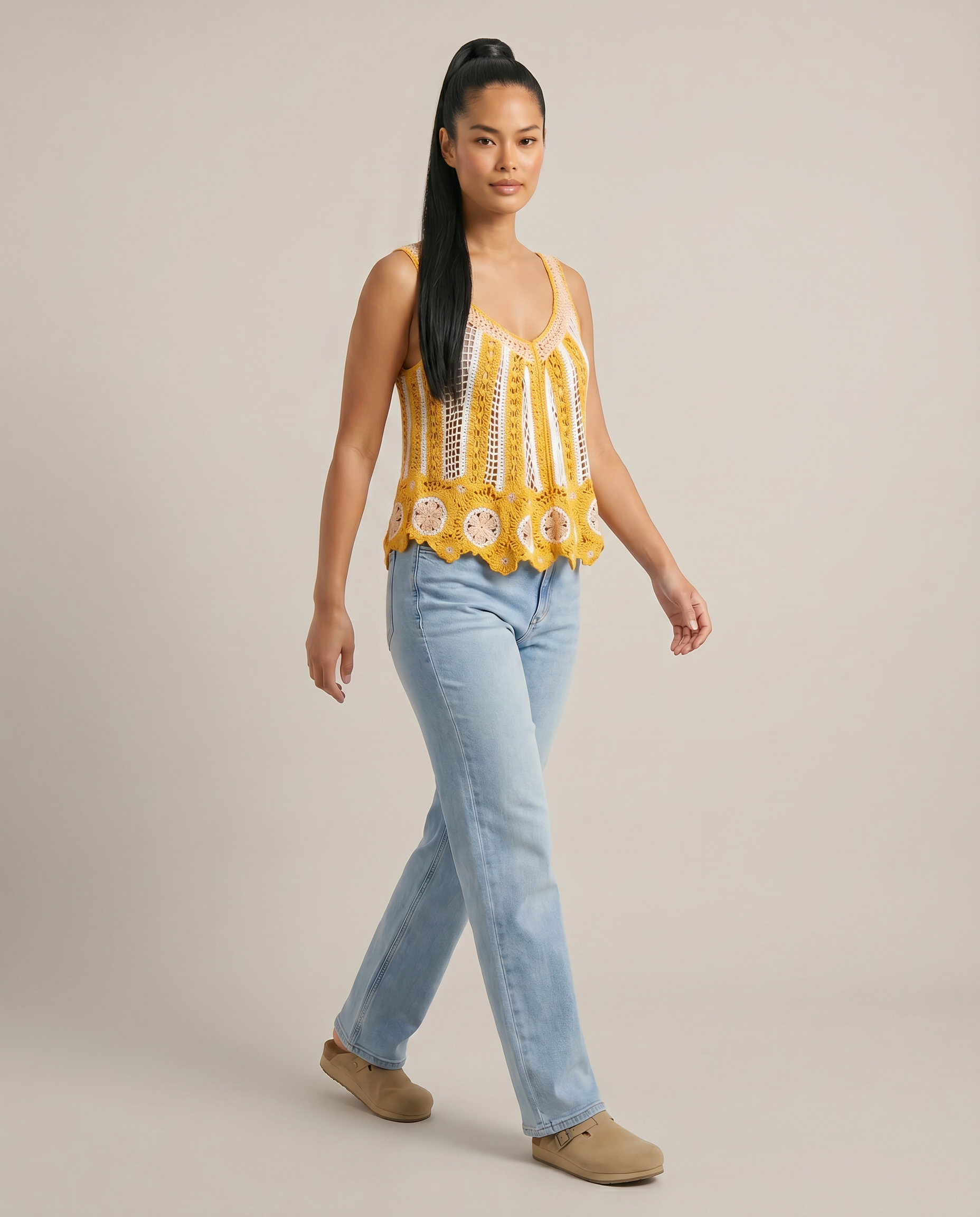 Sleeveless Scalloped Edge Stripe Crochet Top