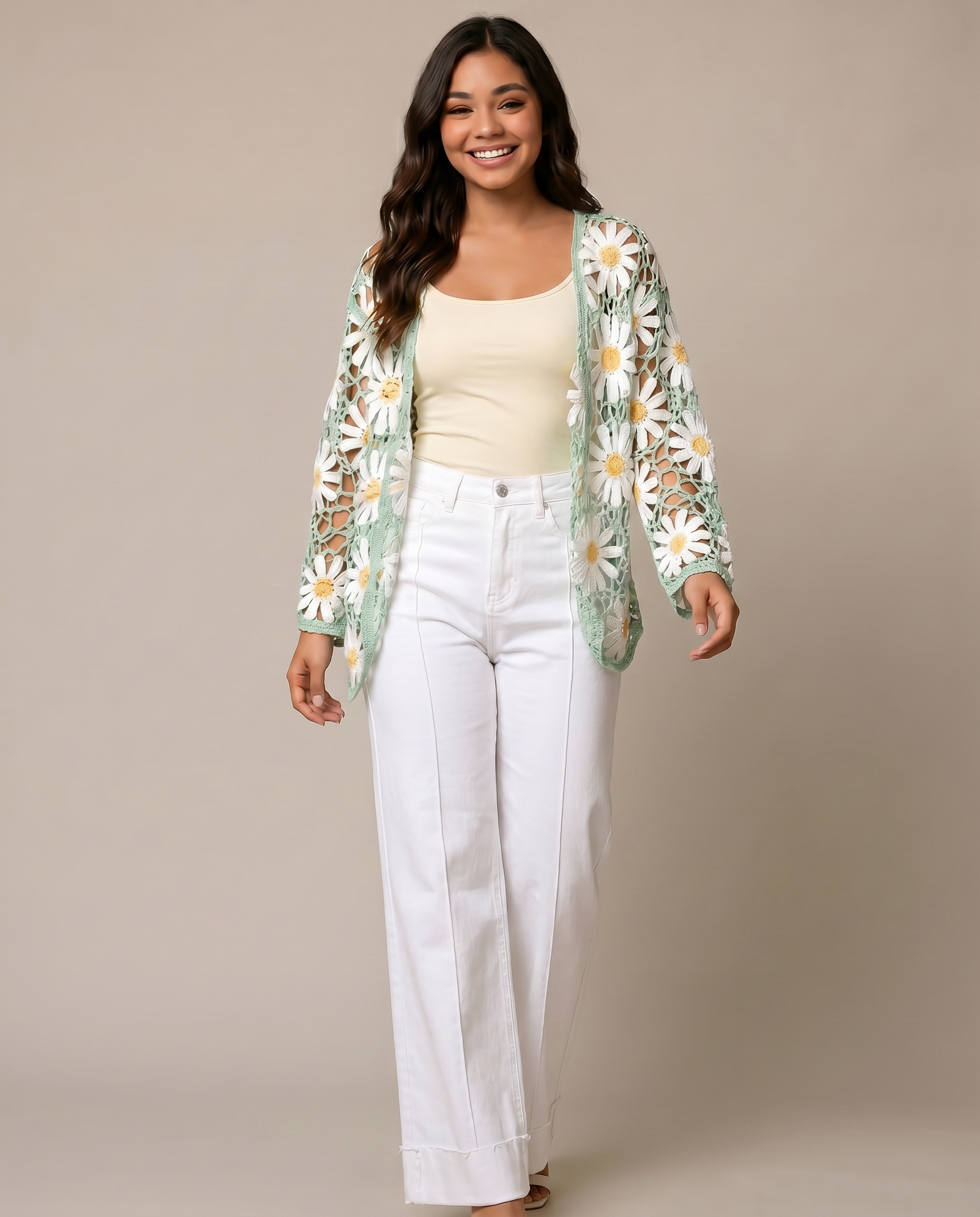 Long Sleeve Floral V Neck Crochet Knit Cardigan