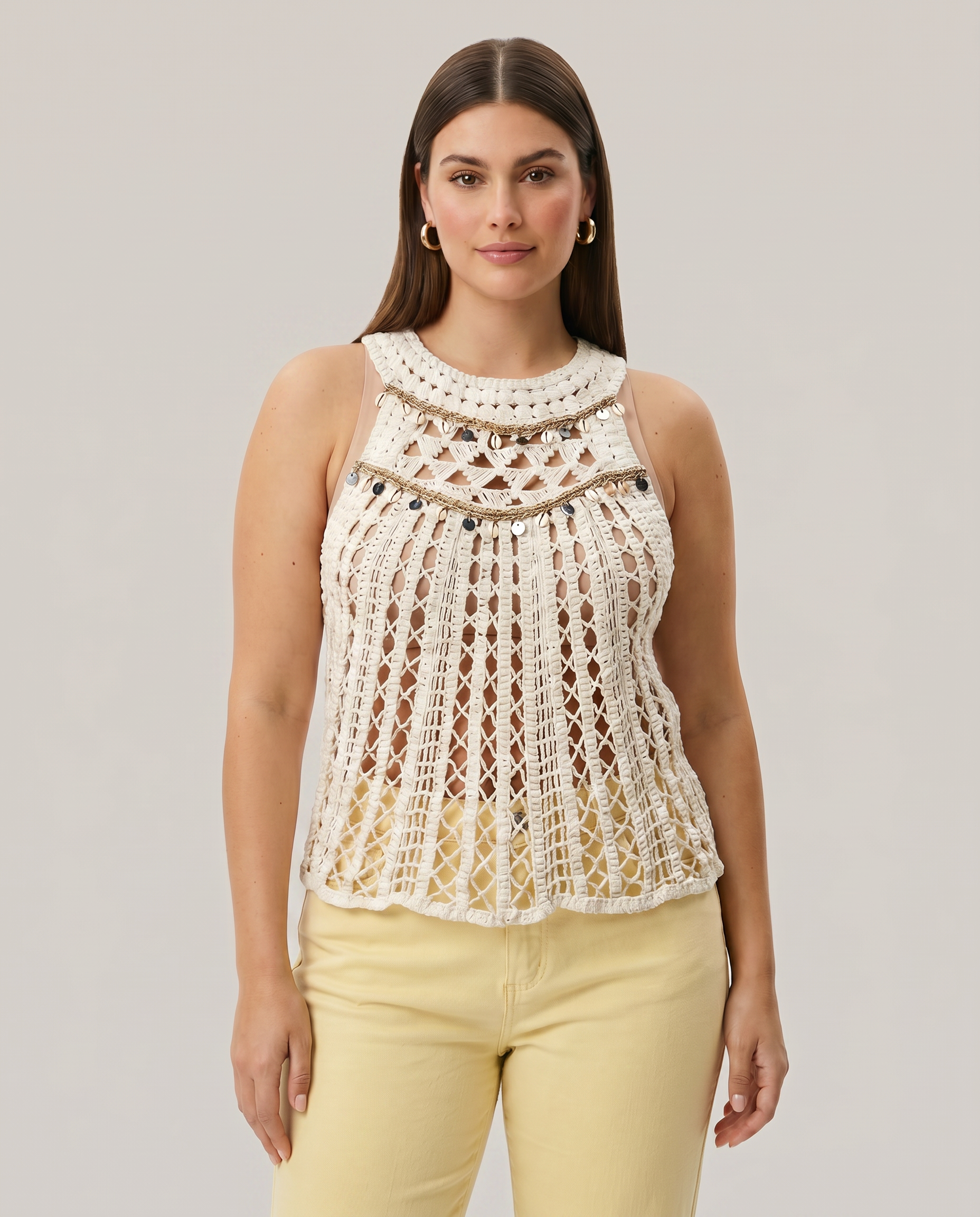 Halter Neck Sleeveless Dangle Trim Crochet Top