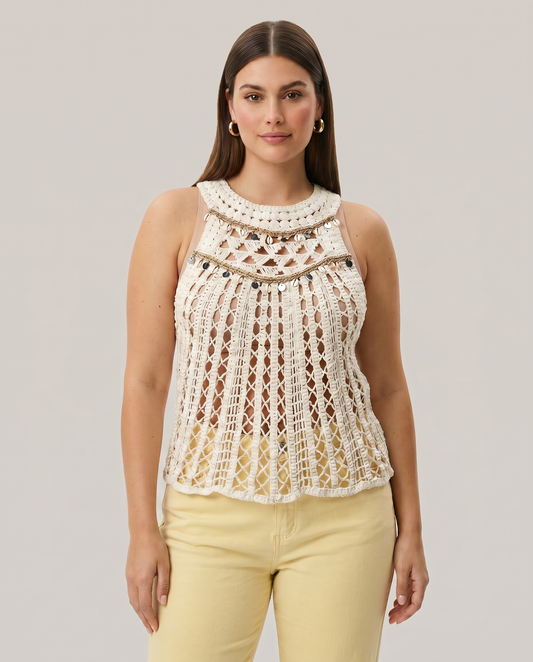 Halter Neck Sleeveless Dangle Trim Crochet Top