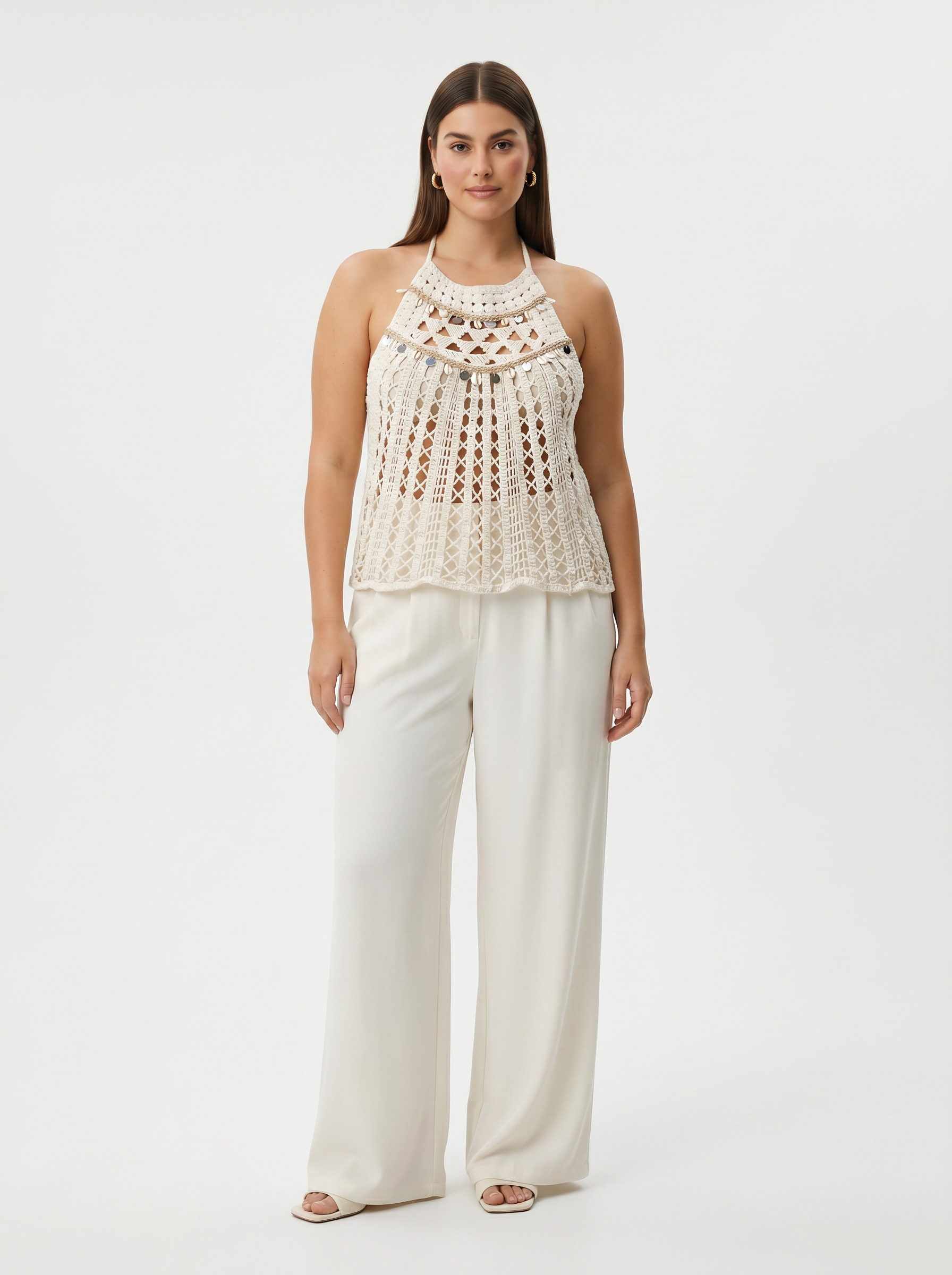 Halter Neck Sleeveless Dangle Trim Crochet Top