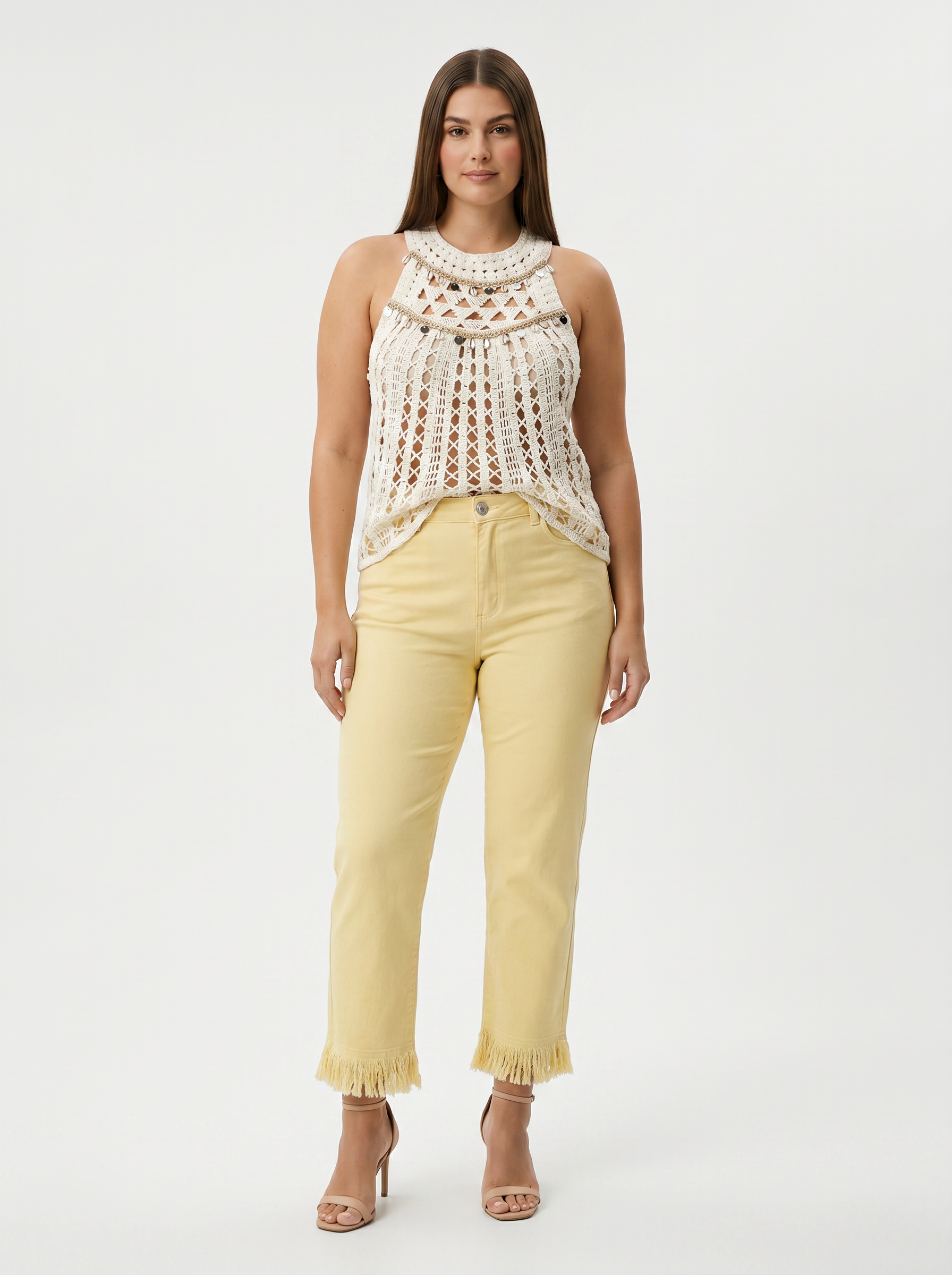 Halter Neck Sleeveless Dangle Trim Crochet Top