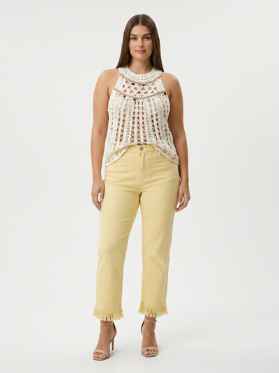 Halter Neck Sleeveless Dangle Trim Crochet Top