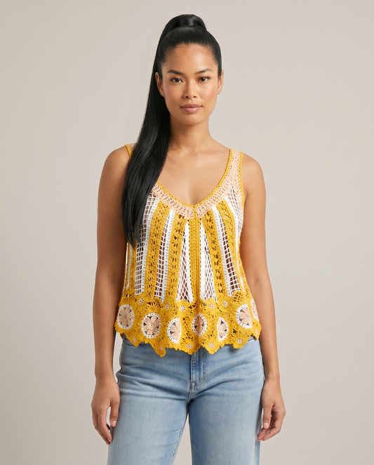 Sleeveless Scalloped Edge Stripe Crochet Top