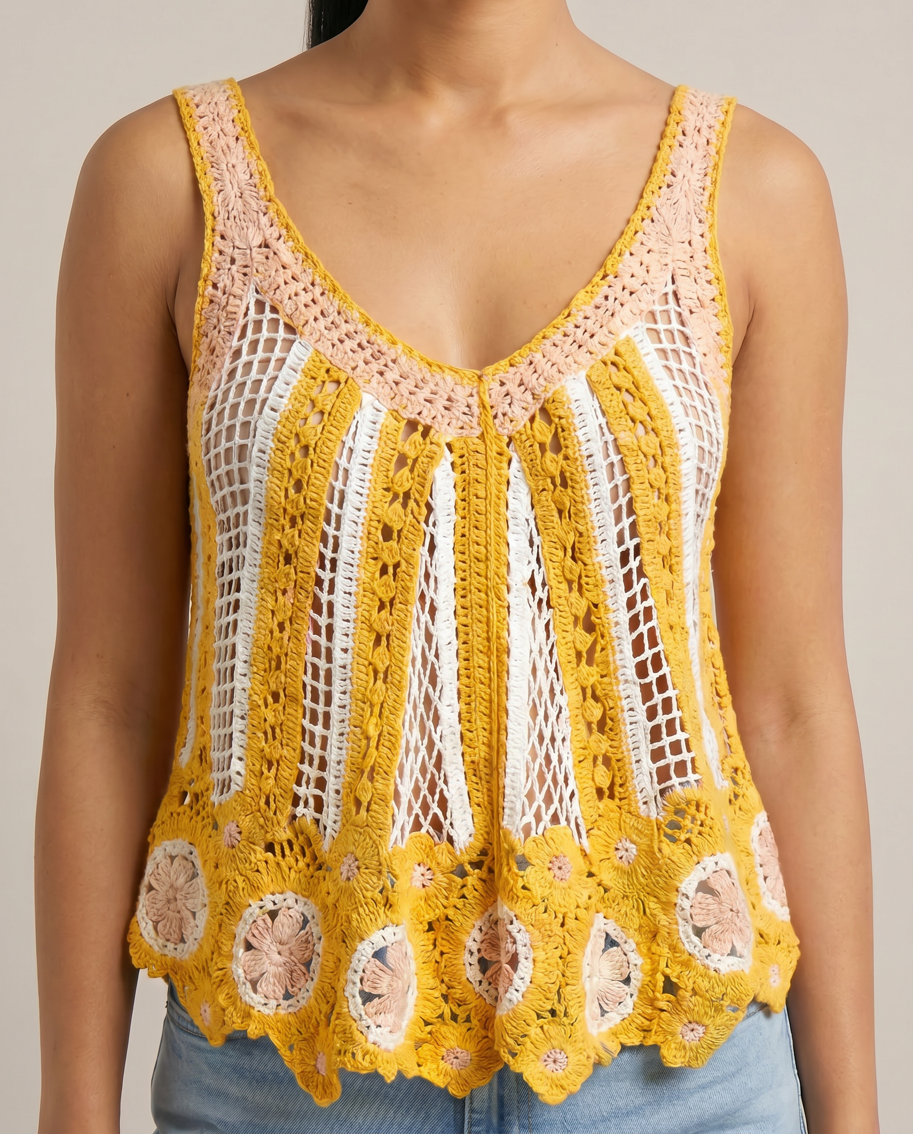 Sleeveless Scalloped Edge Stripe Crochet Top