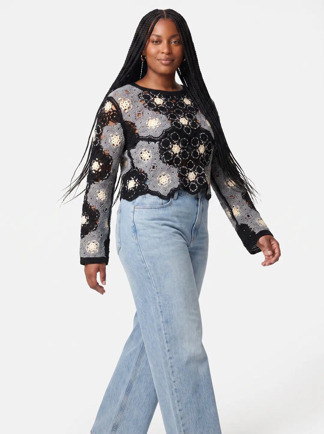 Women's Long Sleeve Patterned Black and Grey Knit Crochet Top