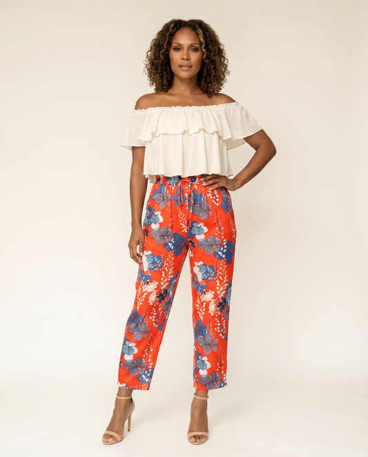 Red Floral Crop Pants