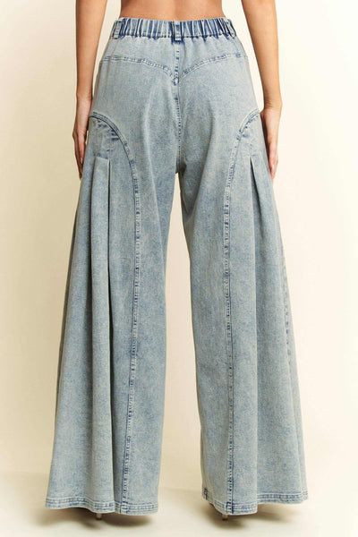 Curvy Size Denim Wide Leg Flared Front Pleat Pants