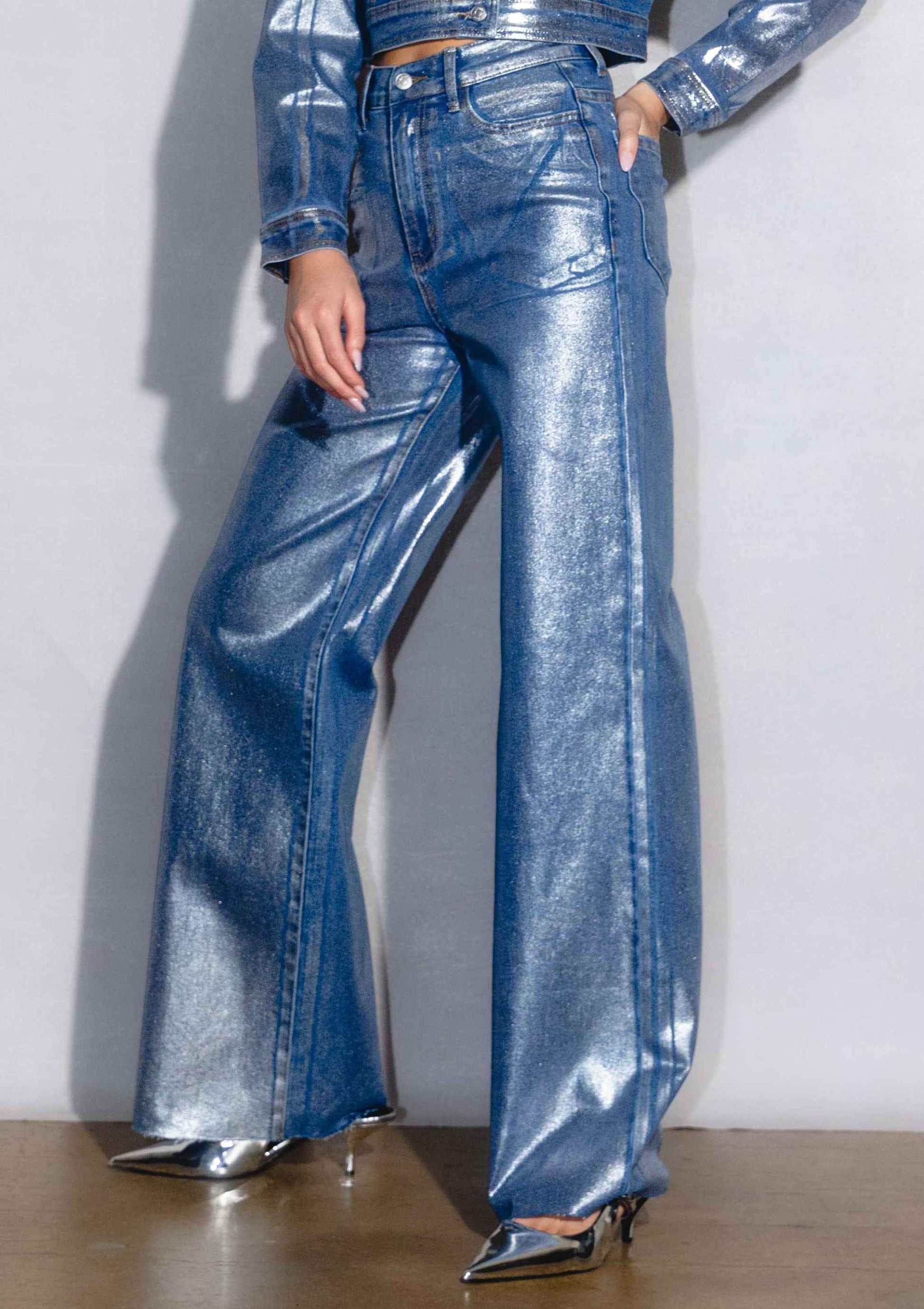 Silver Foil Printed Wide Leg Jeans